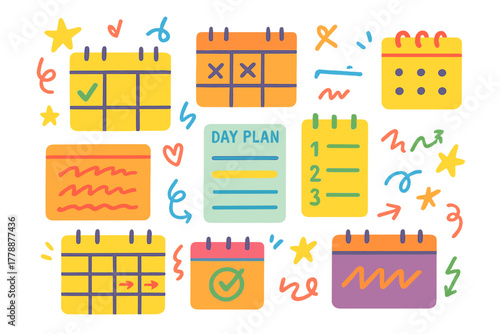 Planning theme flat icon set. featuring calendar, checklist, day plan, schedule, agenda, task list, and organizer icons