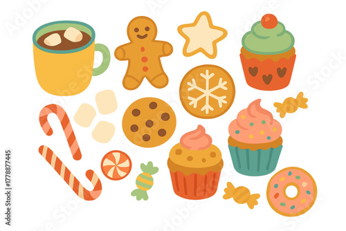 Christmas treats flat icon set. featuring hot cocoa, gingerbread, cupcake, cookie, candy cane, donut, marshmallow