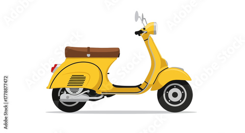 Illustrative depiction of a vintage-style yellow scooter with brown seat on white backdrop