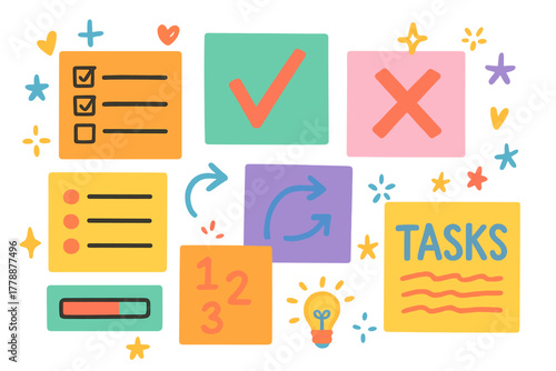 Task management flat icon set. featuring checklist, checkmark, cross, sync, list, tasks, progress, numbers, and lightbulb