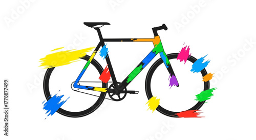 Colorful bicycle illustration with vibrant paint splashes, a symbol of freedom, mobility and