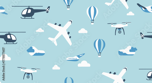 This flat design seamless pattern captures the essence of air travel with a collection of minimalist icons, ideal for travel-themed projects or digital backgrounds.