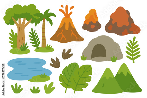 Prehistoric nature flat icon set. featuring volcano, cave, trees, rocks, lake, foliage, and mountains