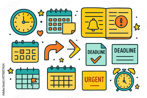 Time management flat icons set. featuring clock, calendar, reminder, deadline, and notification symbols