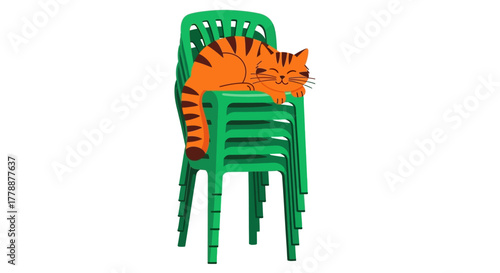 A charming illustration of a cat napping peacefully atop a stack of green plastic chairs forming