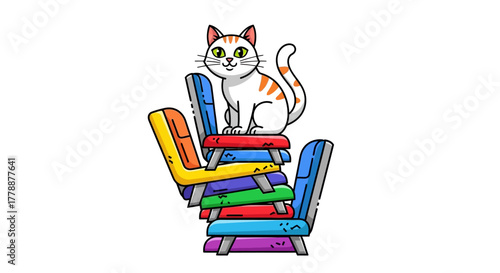 Cartoon Cat Perched Atop a Playful Stack of Colorful Children's Chairs Illustration