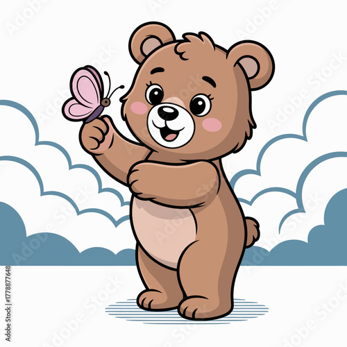 This charming illustration features a playful bear holding a butterfly, set against a whimsical background of clouds, capturing the essence of childhood innocence and joy.