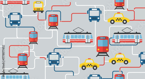 A dynamic flat design seamless pattern illustrating a comprehensive public transit network through various vehicle icons. This design is ideal for urban planning, city guides, or transportation-theme
