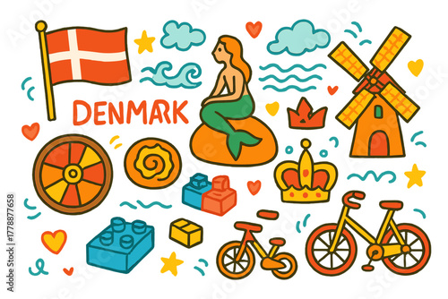 Denmark flat icons set. featuring flag, mermaid, windmill, viking ship, bicycle, and crown symbols