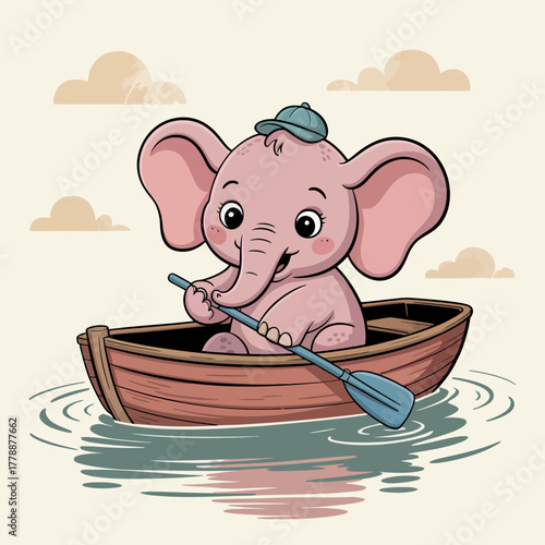 A delightful pink elephant wearing a hat, gleefully rowing in a boat on calm waters, surrounded by fluffy clouds, encapsulating the essence of happiness and adventure.