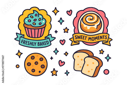 Bakery theme flat icon set. featuring cupcake, cookie, bread, cinnamon roll, stars, and hearts symbols