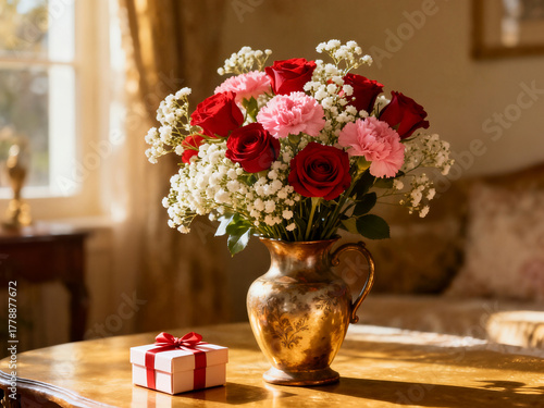 Fototapeta Naklejka Na Ścianę i Meble -  A luxurious bouquet of red roses and pink carnations in a golden vase sits beside a small white gift box, illuminated by warm sunlight in an elegant room.