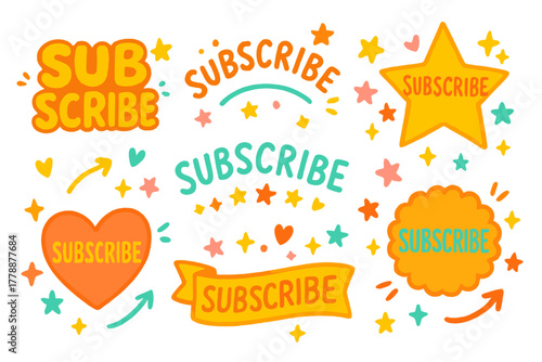 Subscription flat icon set. featuring subscribe, star, heart, badge, arrow, glow, and banner symbols
