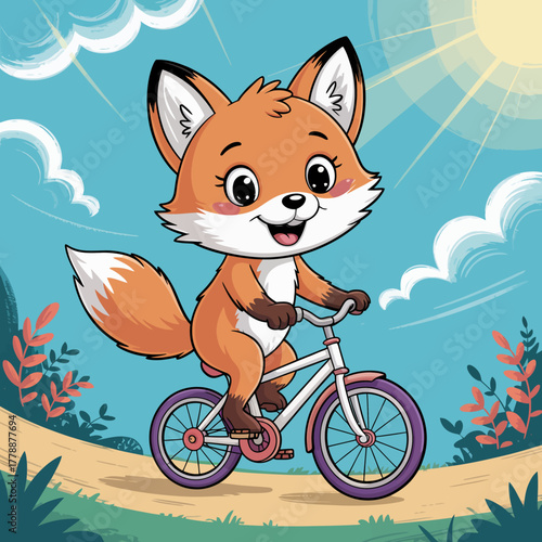 A delightful illustration of a fox riding a bicycle through a scenic, colorful background, reflecting energy, joy, and a playful attitude.