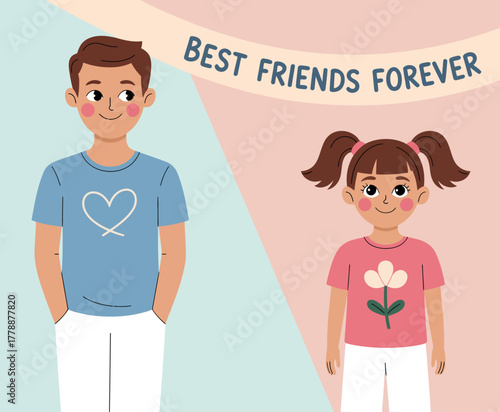 This image presents a symbolic representation of friendship and love between kids with a heart motif, showing a boy and girl smiling in a playful and cheerful atmosphere.