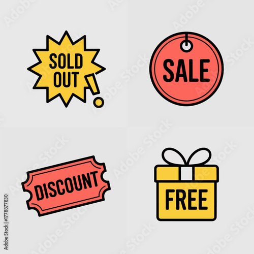 The image showcases a variety of dynamic promotional badges like 'Sold Out', 'Sale', 'Discount', and 'Free', utilizing bold colors making them eye-catching for shoppers.