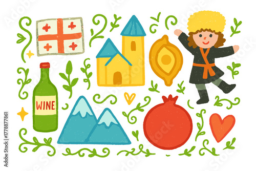 Georgian culture silhouette icon set. featuring mountains, khinkali, pomegranate, wine, and traditional dance symbols