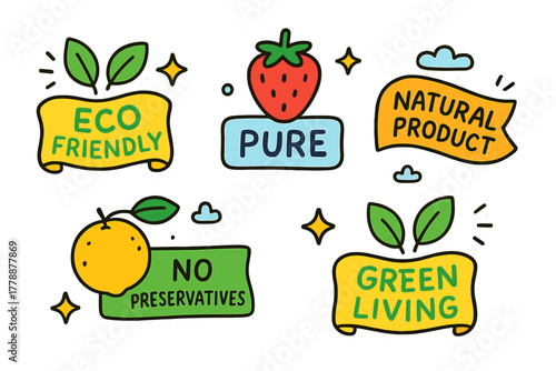 Eco labels flat icon set. featuring eco friendly, pure, natural product, no preservatives, green living symbols