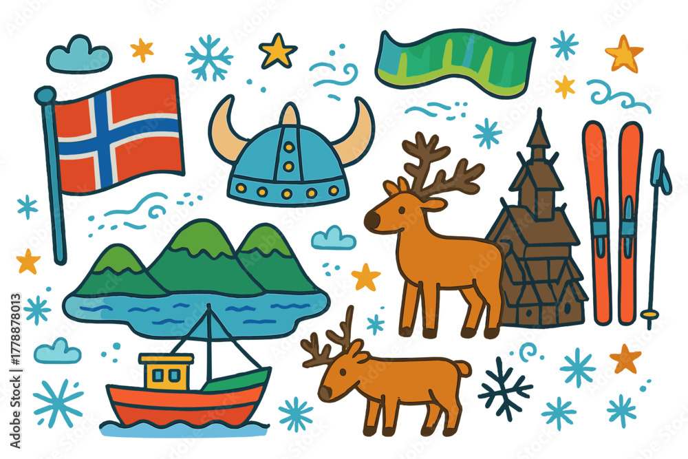 Naklejka premium Norwegian culture flat icons set. featuring flag, viking helmet, mountains, reindeer, stave church, skis, boat
