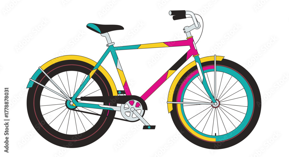 Fototapeta premium A visually striking cartoon bicycle with an eclectic color scheme against a white backdrop