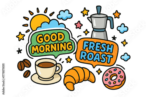 Morning coffee flat icon set. featuring coffee cup, croissant, moka pot, donut, sun, stars, and clouds.