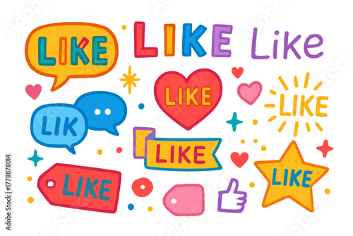 Social media engagement flat icon set. featuring like, heart, thumbs up, speech bubble, tag symbols.