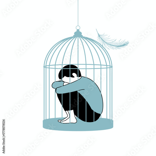 A deeply contemplative figure huddles in a cage, encapsulating the essence of isolation, emotional struggle, and the yearning for freedom amidst personal battles and silence.