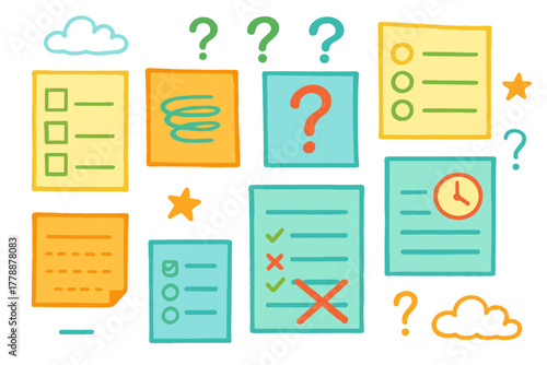 Questionnaire flat icon set. featuring checklist, survey, question mark, feedback, and evaluation symbols