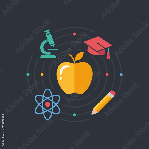 This vibrant image highlights an apple icon, accompanied by various educational symbols such as a graduation cap and microscope, representing academic success and curiosity.