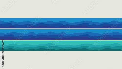 Three horizontal bands with wavy patterns in shades of blue and teal on a cream colored background