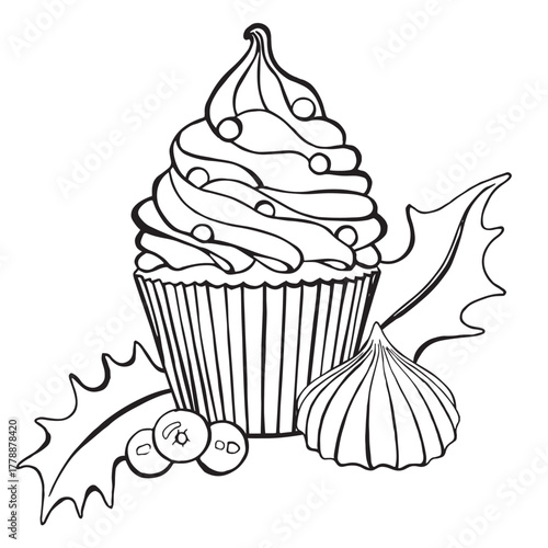 Vector black and white illustration with cupcake, leaves and lolly berries, meringue. Graphics are hand drawn. For packaging design, Christmas, holiday cards, children's gifts, invitations.