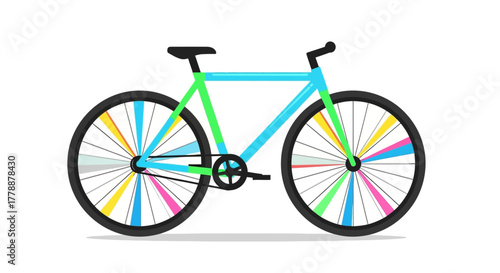 Whimsical bicycle illustration with colorful spokes against clean white background