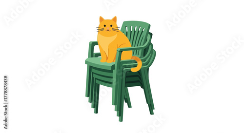 Ginger cat perched atop a stack of vibrant green plastic chairs in a minimalist style