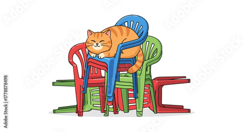 Cartoon sleepy ginger cat resting on a stack of colorful plastic chairs in a relaxed scene