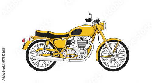 Illustration of a bright yellow vintage motorcycle with detailed engine and frame design ready for