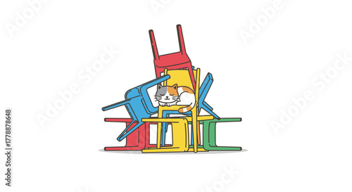 Illustrative scene depicting a sleepy cat resting comfortably atop a stack of vibrant chairs