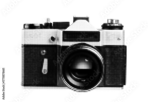 Retro vintage photo camera illustration in monochrome halftone dot pattern style. Classic analog film photography equipment vector isolated on white for pop art, comic book, and design.