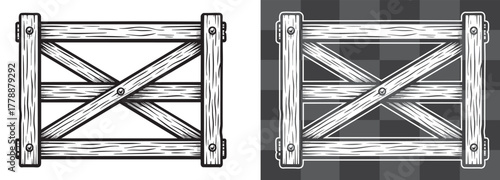 Rustic Wooden Gate Vector Illustration with Cross Plank Design Engraved Texture Hand Drawn Vintage Style Perfect for Farm Fence Countryside or Decorative Architecture Element Illustration