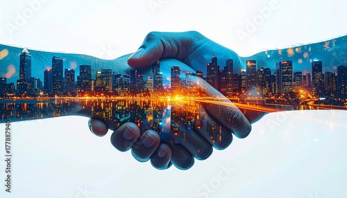 Business alliance concept: Handshake over city skyline symbolizing partnerships and growth