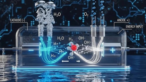 Scientific Animation of Water Electrolysis Process for Hydrogen Production and Renewable Energy Concept Illustration, Cathode Anode Reaction Diagram