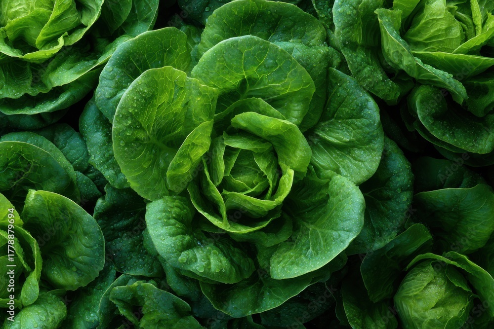 Obraz premium Closeup view of fresh, vibrant lettuce leaves showcasing rich textures and shades of green in a natural setting under soft lighting
