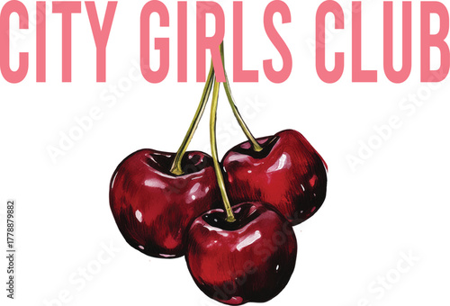 Cherry cherries bow trending Paris girls club fashion style pink girly t-shirt design Slogan Logo Graphic Vector Tee shirt apparel print varsity collage girls tee fruit berries juicy LA Los Angeles