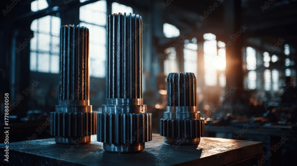 Obraz premium Industrial Gears and Cogs in Workshop with Soft Lighting and Shadow Play on Metal Surface