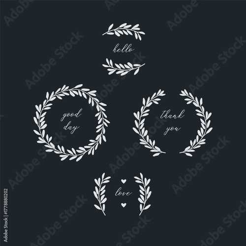 Collection of hand drawn laurels, wreaths and branches.	