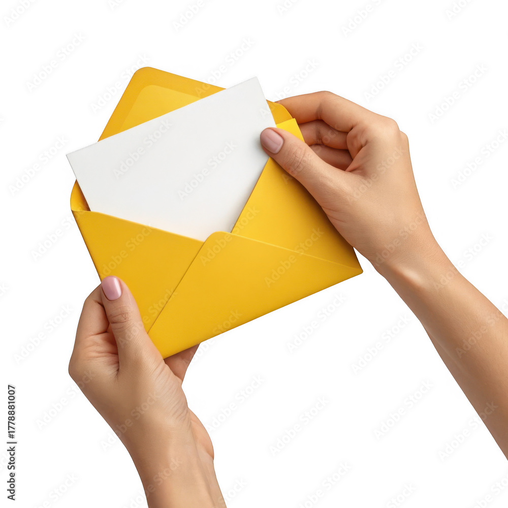 Fototapeta premium 3d yellow envelope with blank card inserted isolated on transparent background