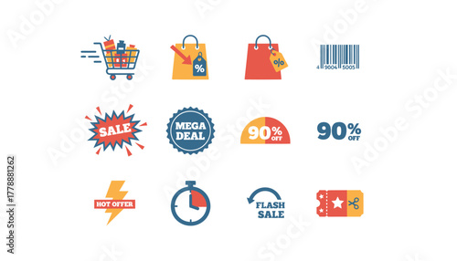 Black Friday Deal Icons Set: Shopping Cart, Discount Tag, Mega Sale, Flash Sale, & Hot Offer