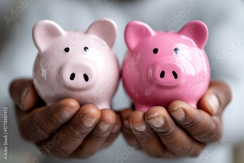 Hands Holding Two Colorful Piggy Banks Representing Savings and Finance