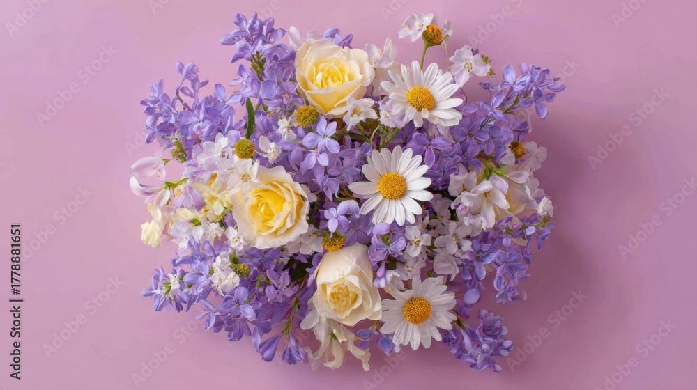 Obraz premium Beautiful Arrangement of Fresh Flowers Featuring Yellow Roses, White Daisies, and Purple Blooms on Soft Pink Background