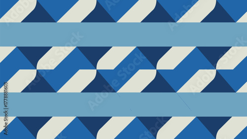 Abstract pattern with alternating blue and white geometric shapes and light blue horizontal bars