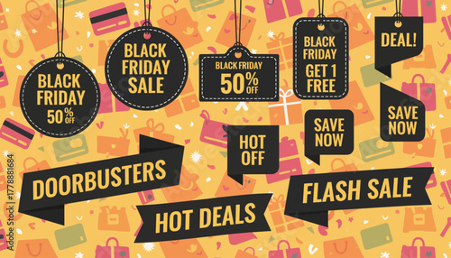 Black Friday Sale Vector Graphic with Hanging Tags & Banners for Online Promotion - Doorbusters, Flash Sale, Hot Deals